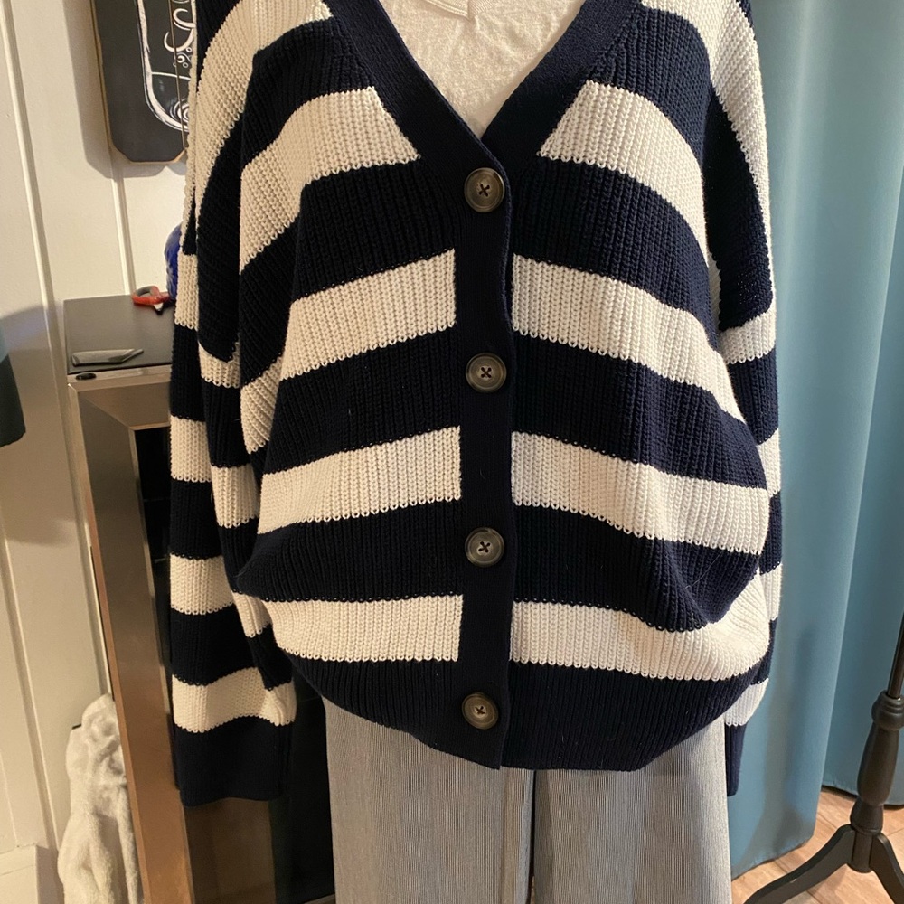 Navy and White Striped Women's Sweater